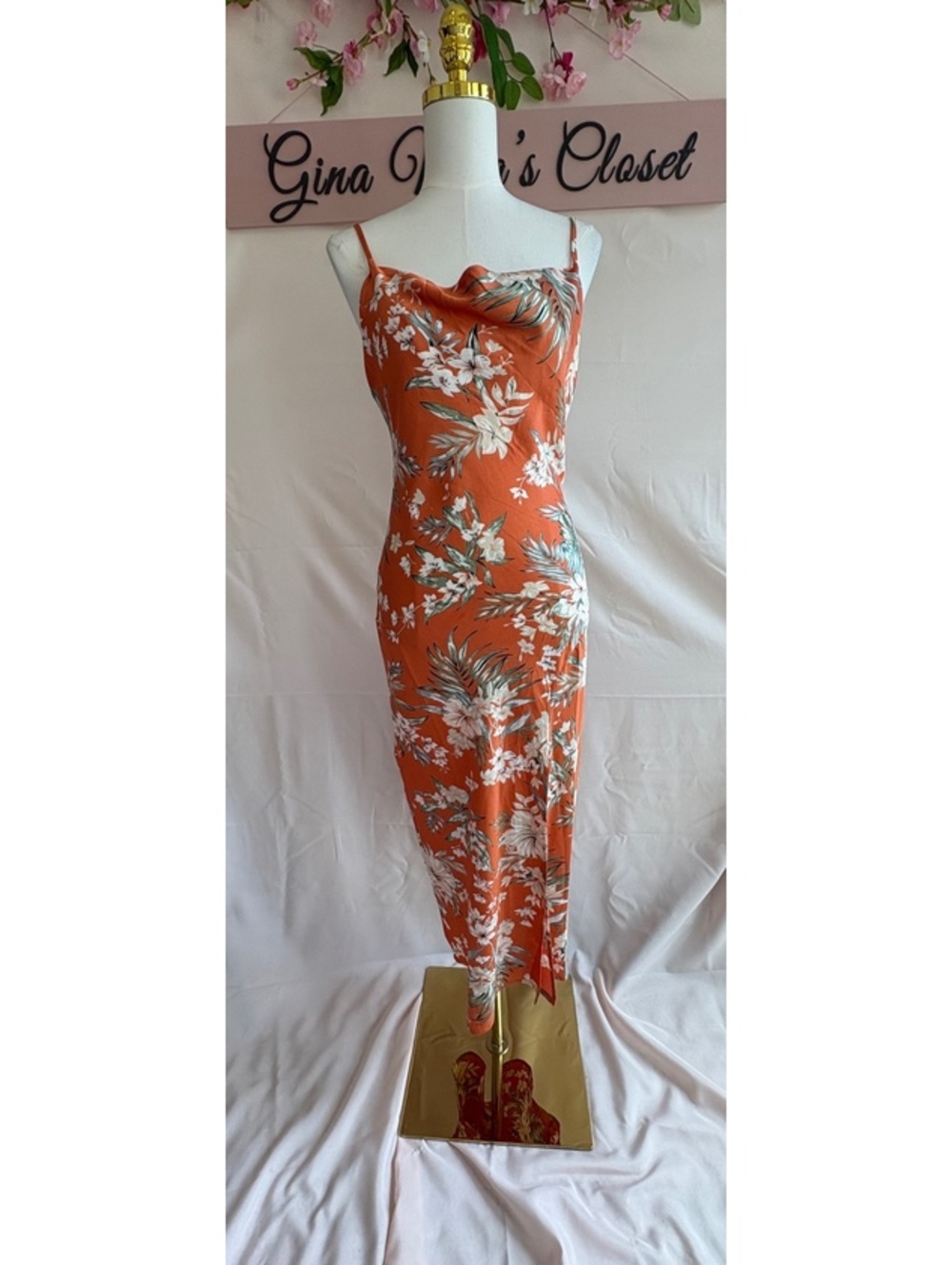 Paper Heart Women's Floral Midi Dress, Size Small, Orange with White and Green